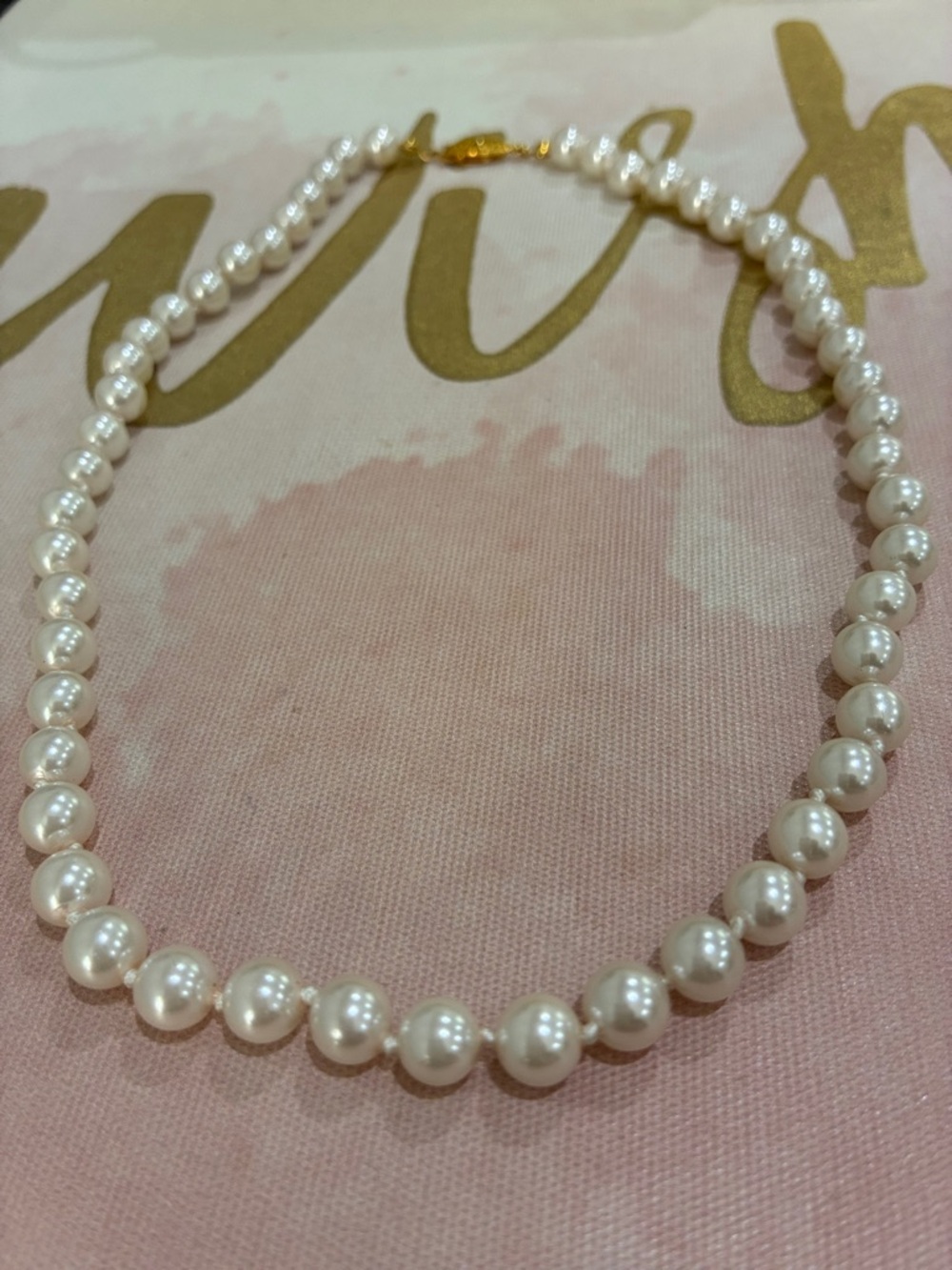 Classic White Glass Knotted Pearl Necklace with Vintage Gold Clasp